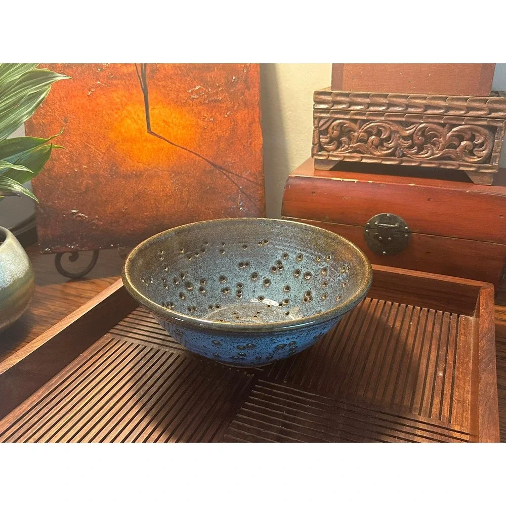 Artist Signed Studio Pottery Berry Bowl Colander Blue Bronze Speckled Stoneware